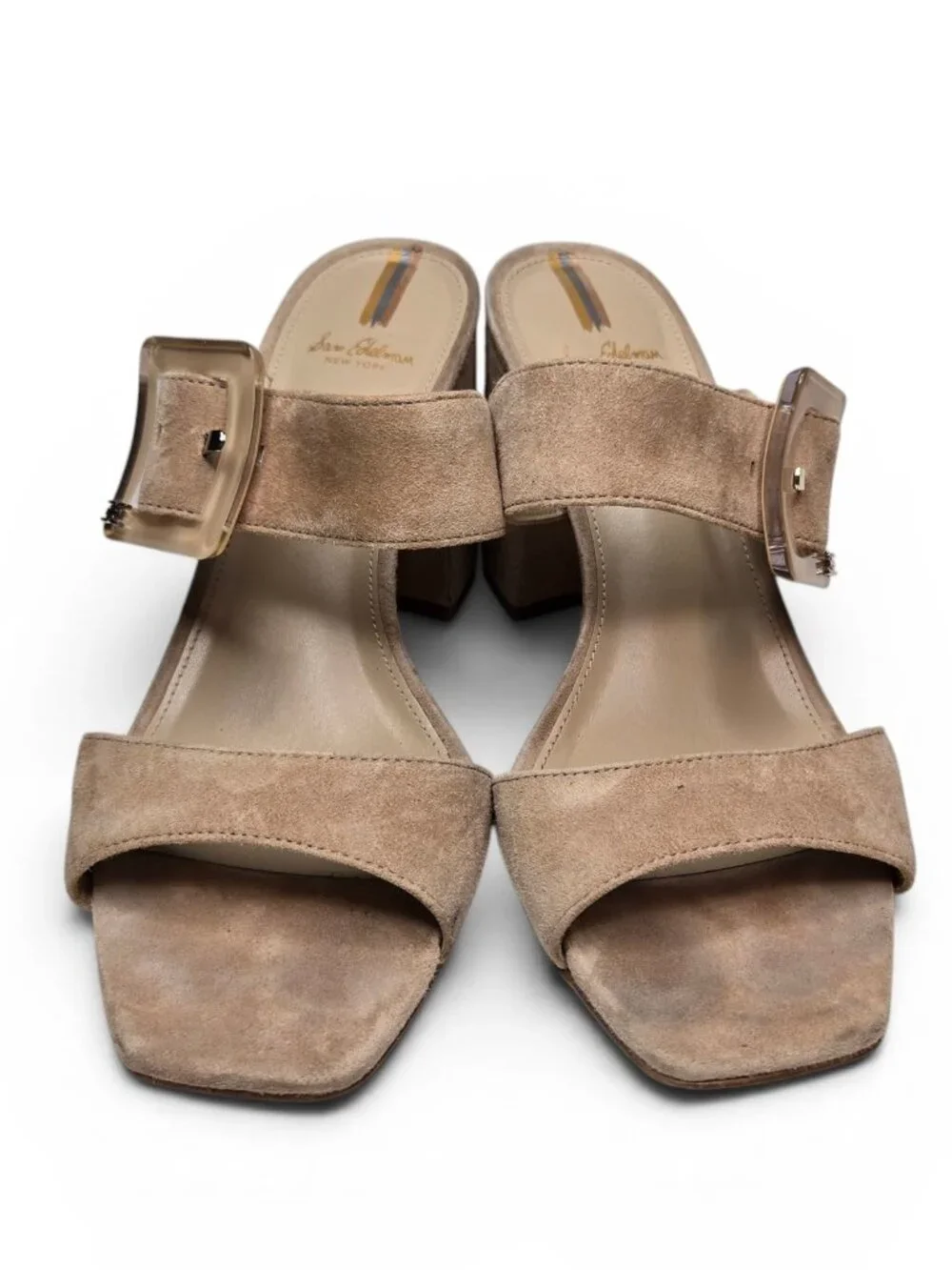 Sam Edelman Dalton Block Heel Sandals Womens Golden Caramel Suede Buckle Strap